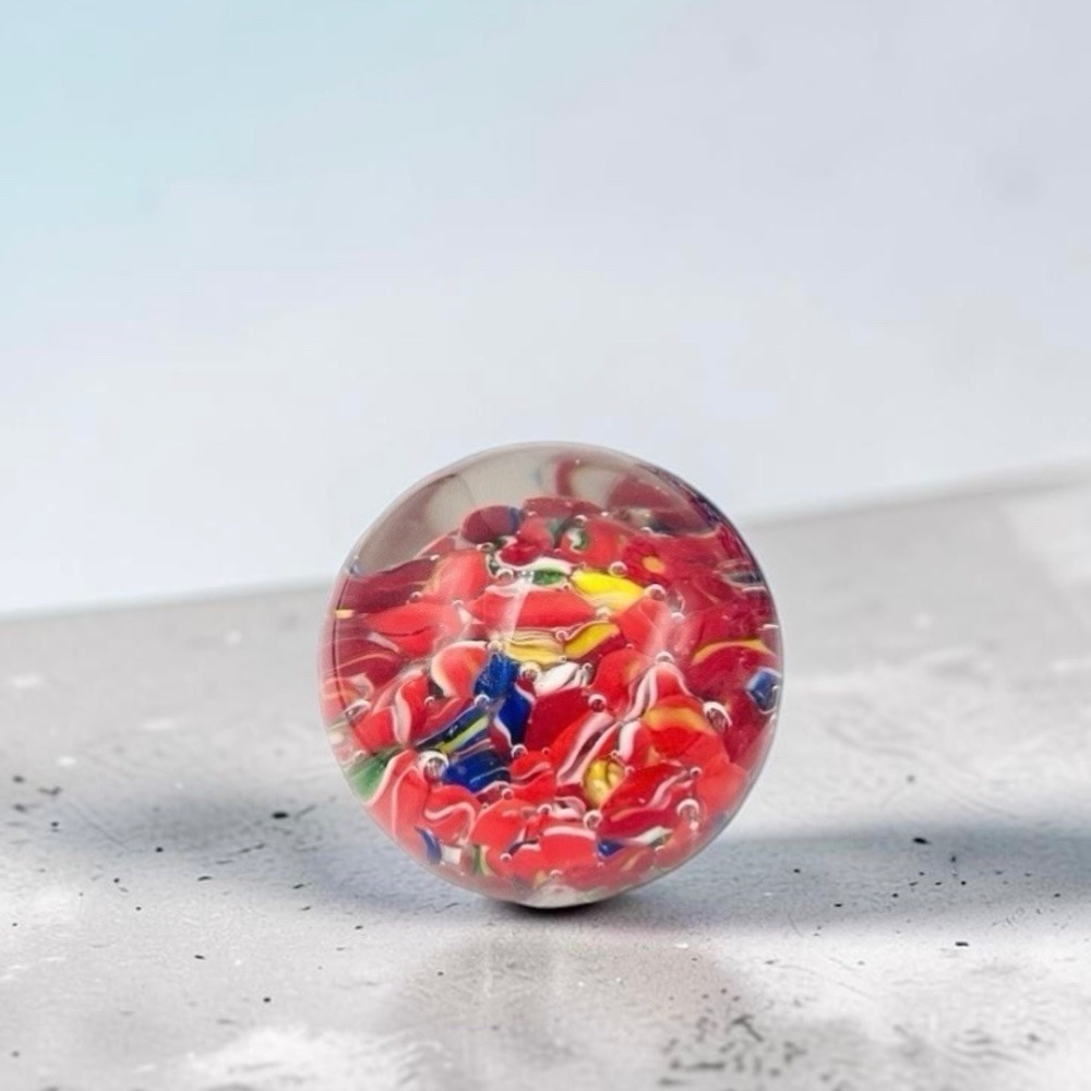 Vintage Millefiori Art Glass Paperweight Red Blue Yellow Controlled Bubbles 2"